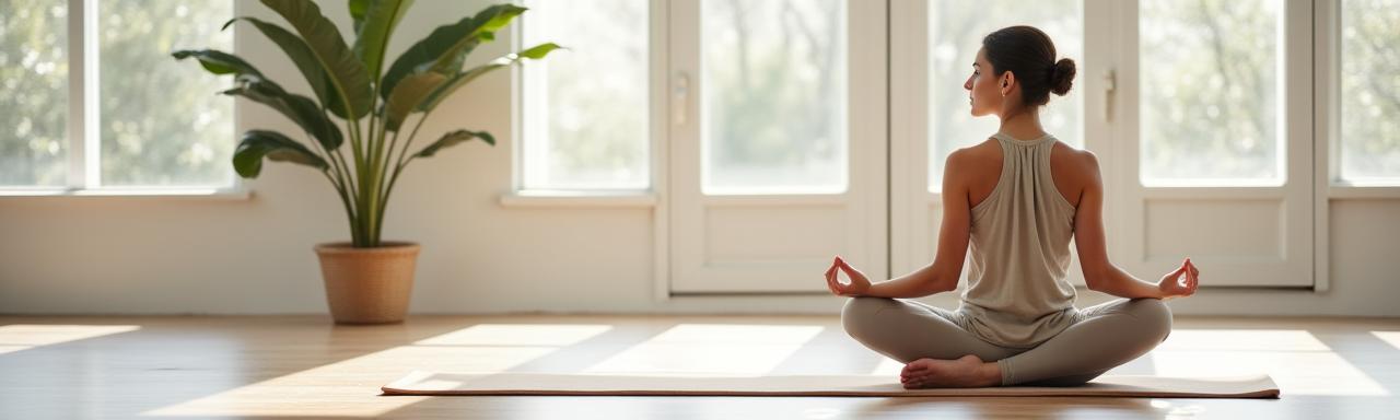 Mujer realizando una postura de yoga sentada con calma sobre una esterilla, con luz suave entrando por una ventana
