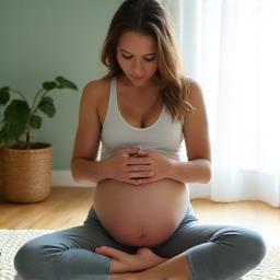 Mujer embarazada practicando yoga suave