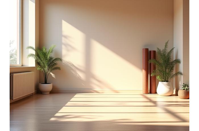 Un espacio de yoga limpio y sereno con el sol entrando por las ventanas.